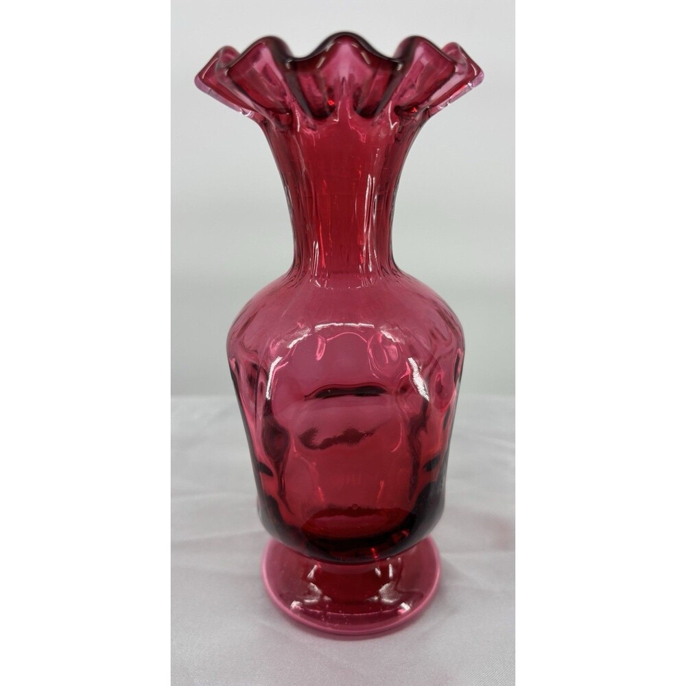 Vintage Fenton Cranberry Coin Dot Art Glass Vase Ruffled Rim Footed 7”